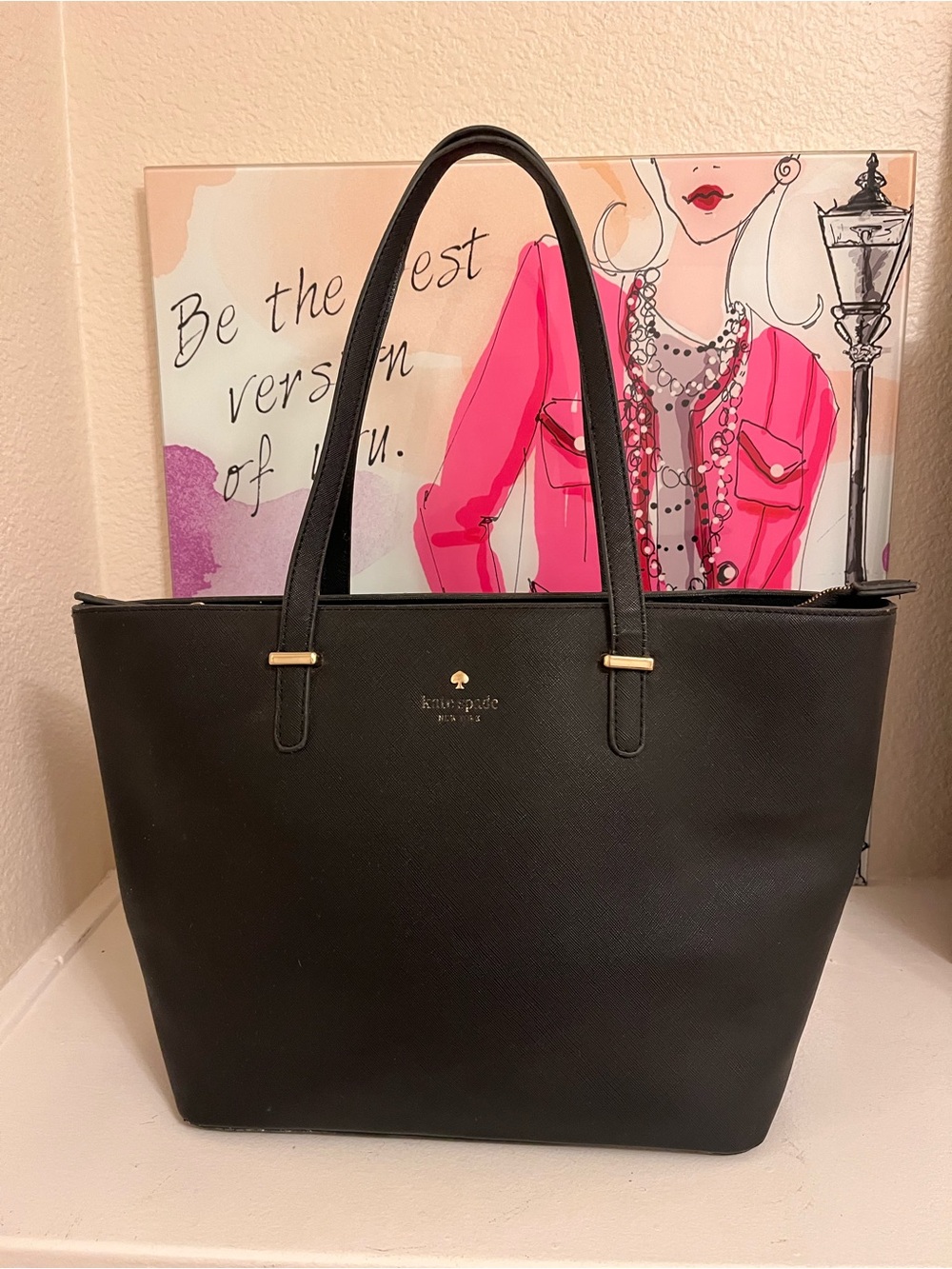 kate spade Black Saffiano Tote with Gold Logo Accents